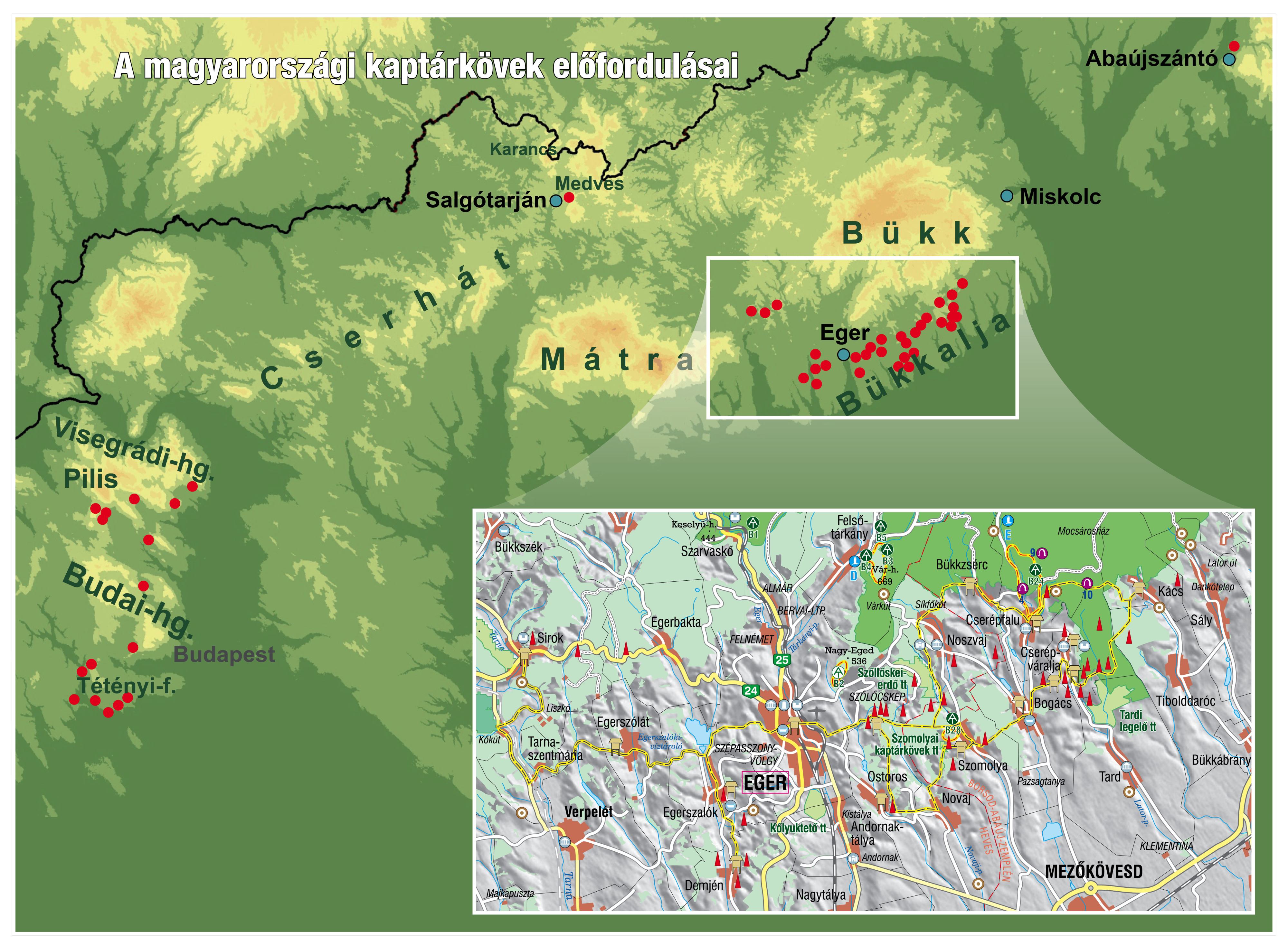 18. kép: A magyarországi kaptárkövek előfordulásai (kis térkép: Kaptárkövek a Bükkalján)