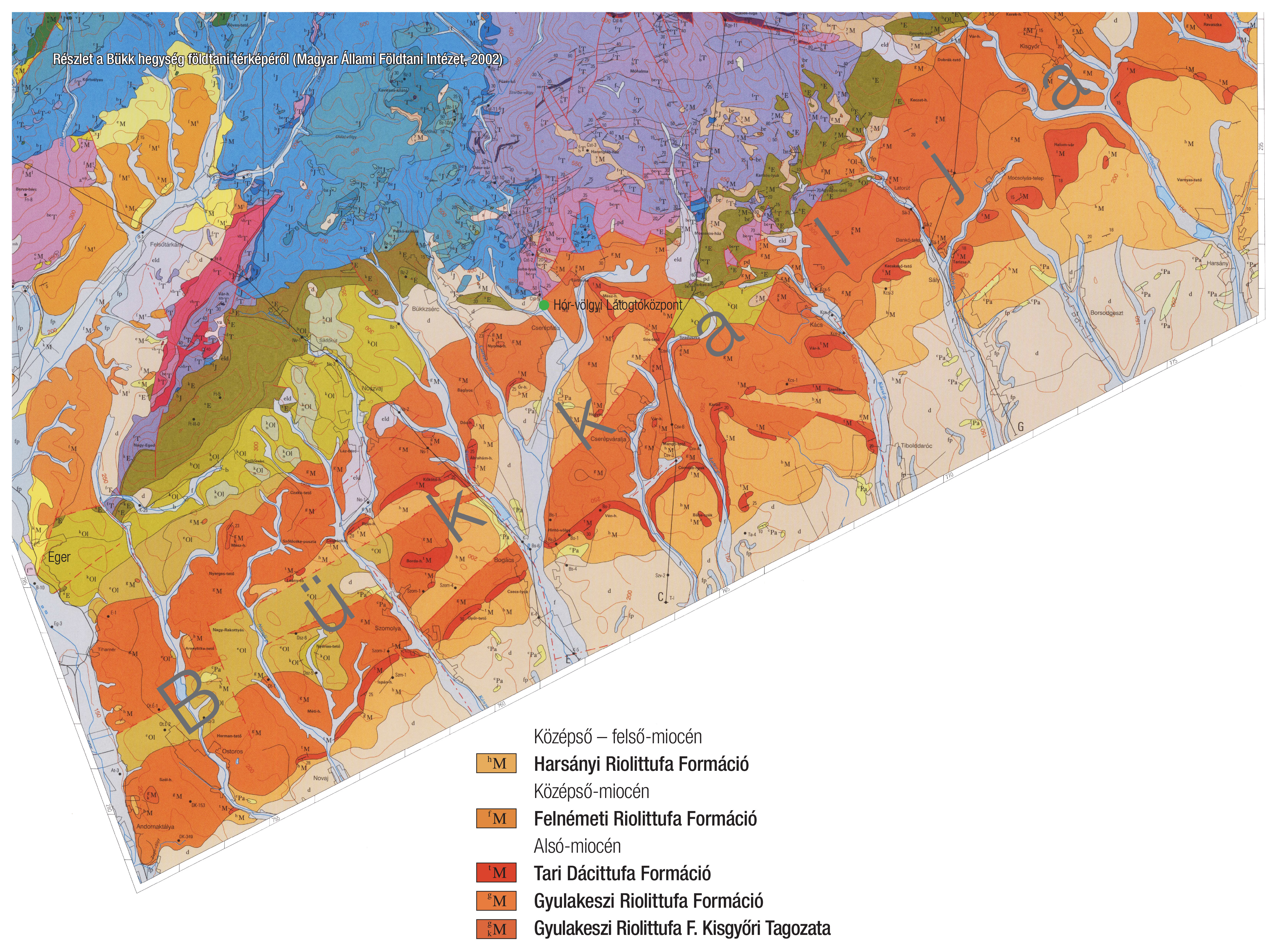 8. kép: A Bükk földtani térképének részlete. A Bükkalja ignimbritrétegei a térség délkeleti elmozdulása és bezökkenése miatt két párhuzamos vonulatban jelentkeznek a felszínen. (Magyar Állami Földtani Intézet, 2002)