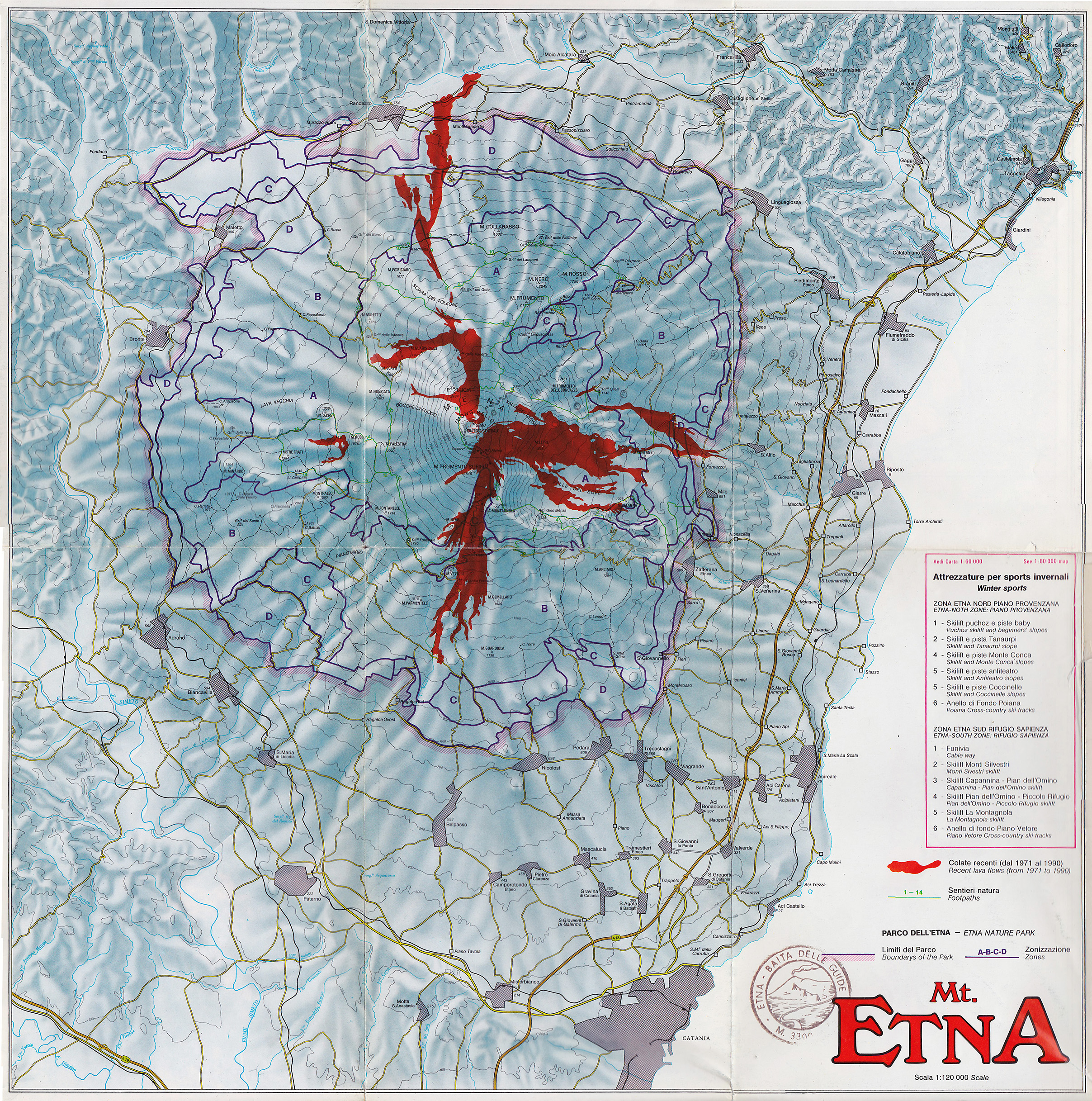 Az Etna naturpark és a recens lávafolyások (1971-1990) térképe. Az északkeleti sarokban látható Taormina