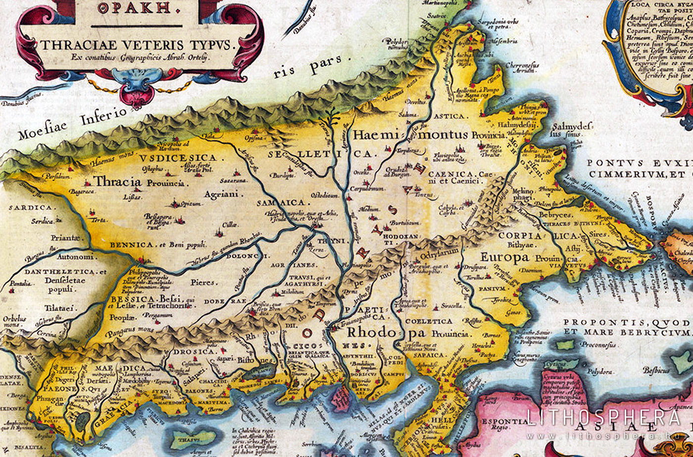 Gyökerek. Részlet Abraham Ortelius térképéről (Thraciae veteris typvs... 1585). Az agrián nevű trák néptörzs lekóhelye a Taxus fluvius (Ardasz) folyó mentén volt a Kr. e. I. évezred első felében. Itt sejthető a bükkaljai kőkultúra forrásvidéke