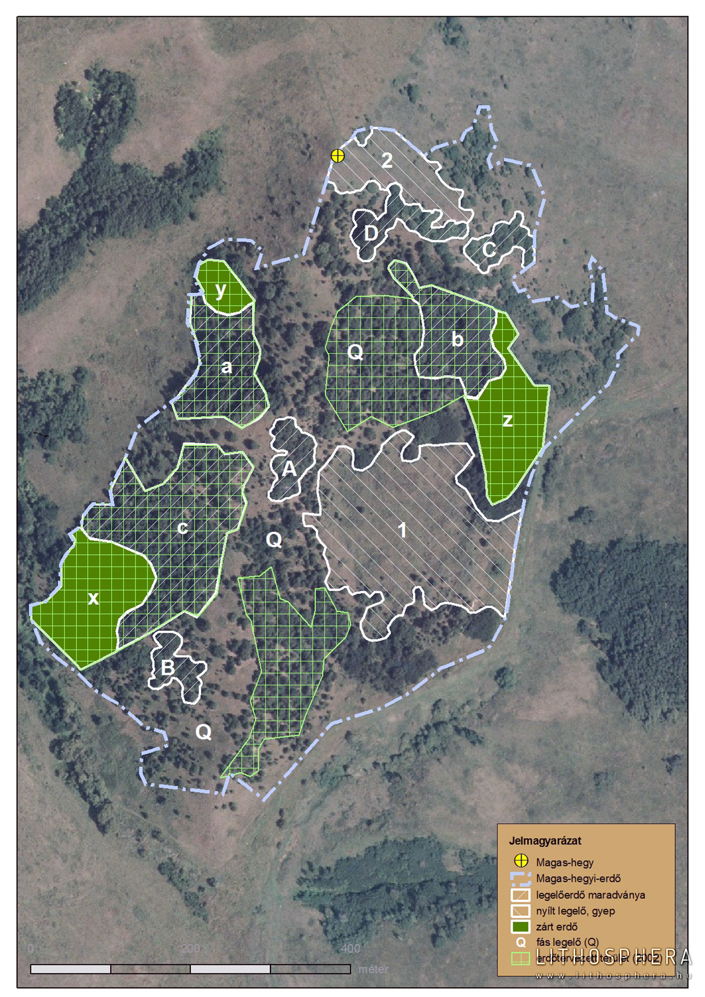 Magas-hegyi-erdő felszínborítási típusainak és erdőtervezet területének határa a 2005-ös légfelvételre vetítve