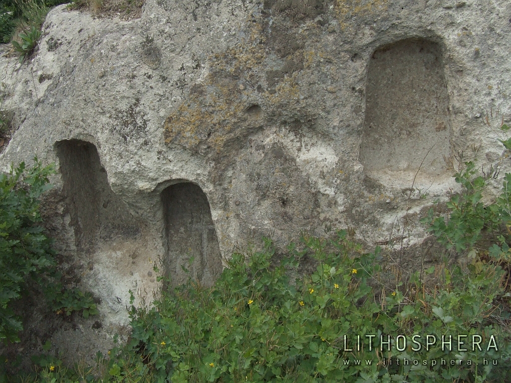 Vén-hegy - Kaptár-rét, IV. szikla (B.7.a). A 38. sz. fülke hátlapján faragott ornamentika látható